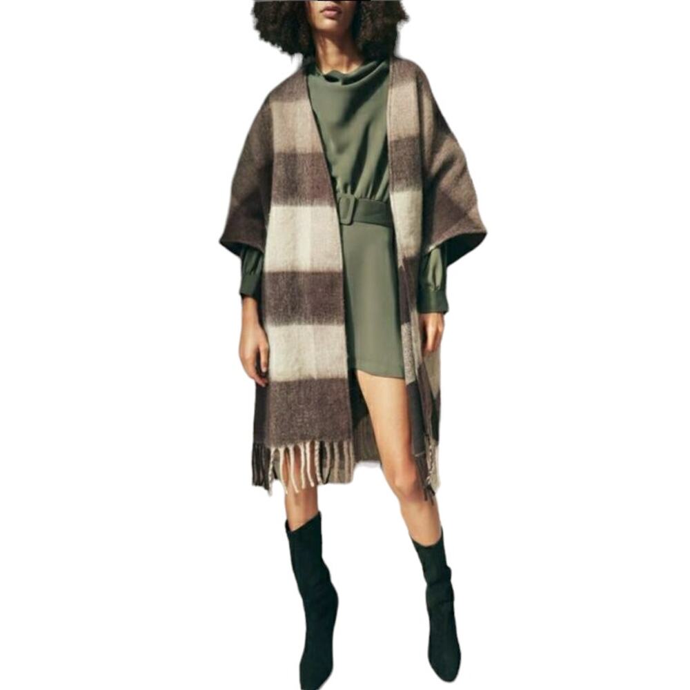 ZARA Fringed Plaid Poncho checked fringe boho open front sweater dark camel Sz M - Picture 3 of 9